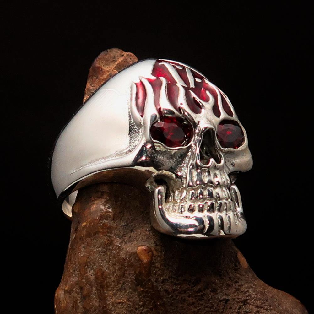 Men's 1% Flaming Skull Outlaw Ring featuring red CZ eyes, crafted from solid sterling silver with a polished finish.