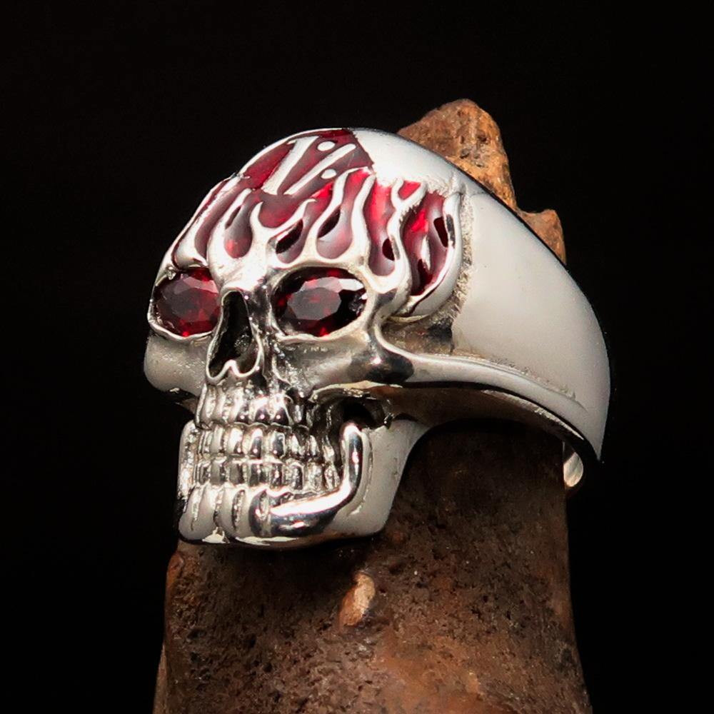 Men's 1% Flaming Skull Outlaw Ring featuring red CZ eyes, crafted from solid sterling silver with a polished finish.