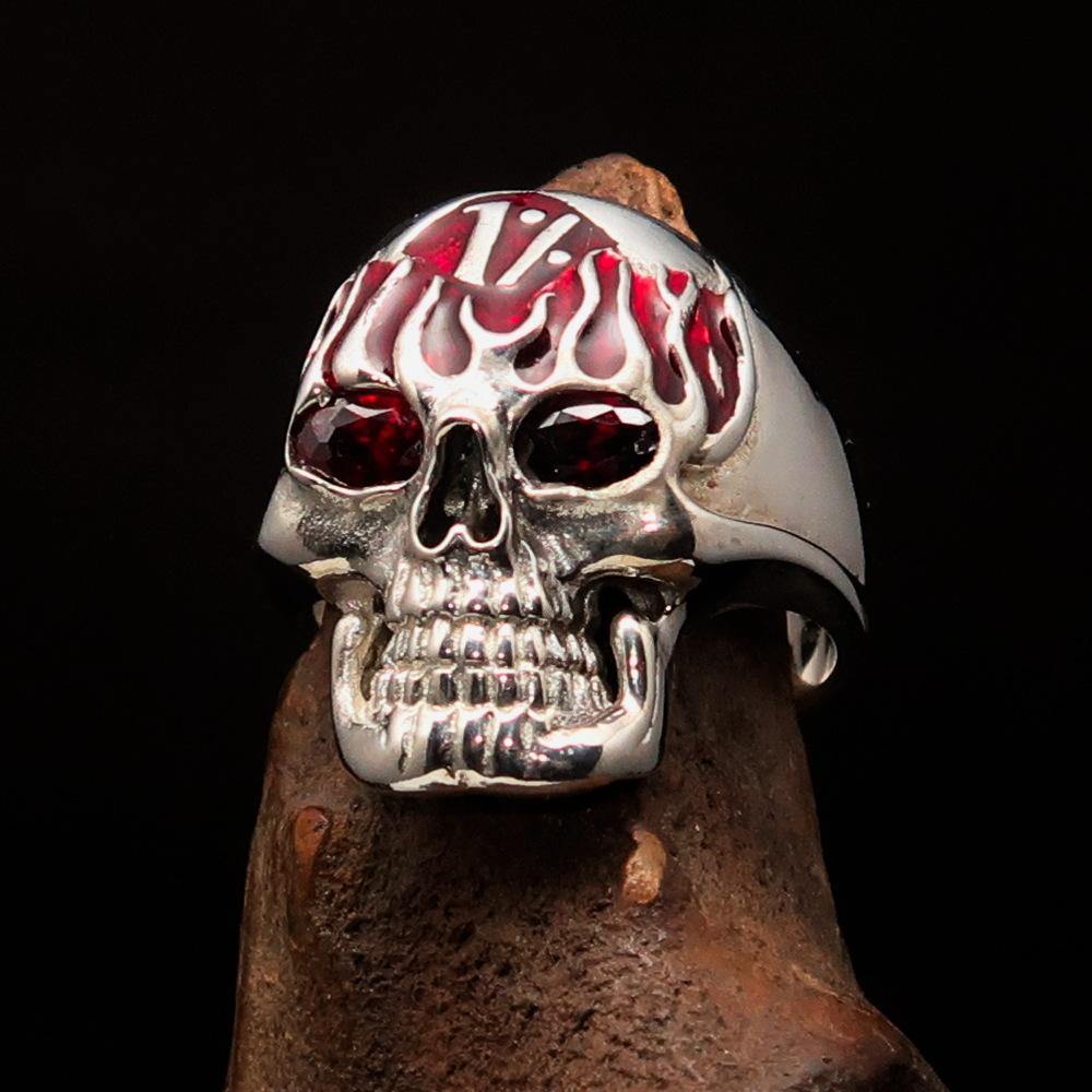 Men's 1% Flaming Skull Outlaw Ring featuring red CZ eyes, crafted from solid sterling silver with a polished finish.