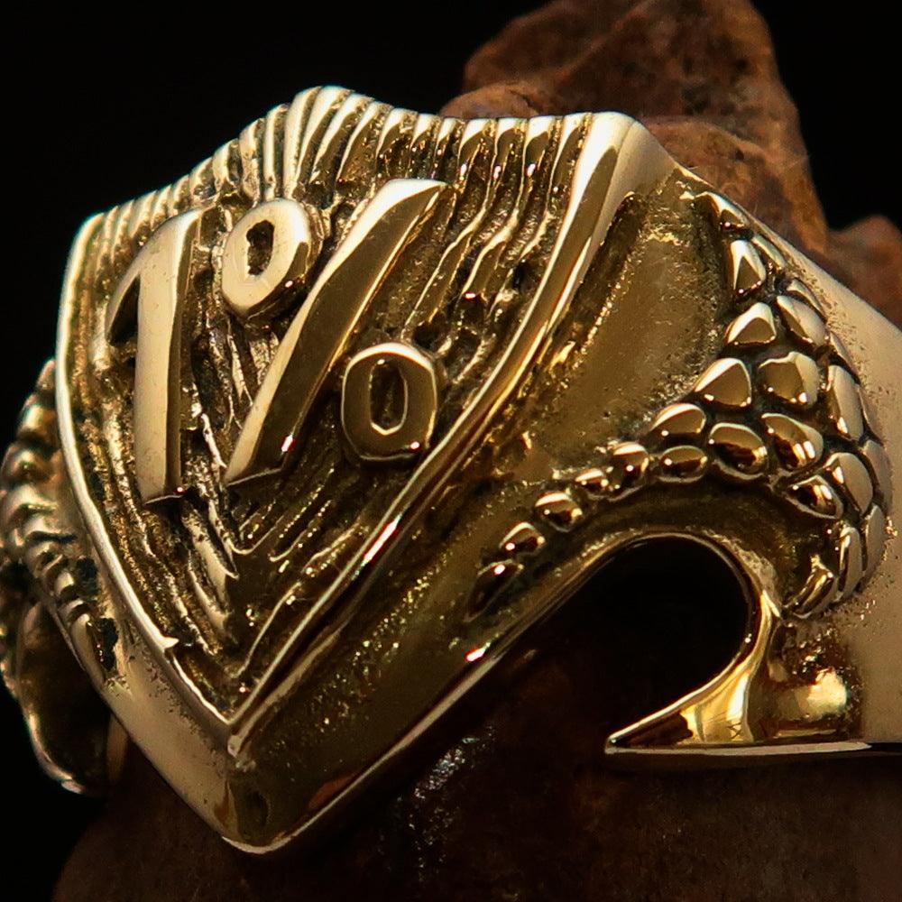 Solid Brass Men's 1% Percenter Biker Shield Ring with high polish finish, showcasing intricate biker shield design.