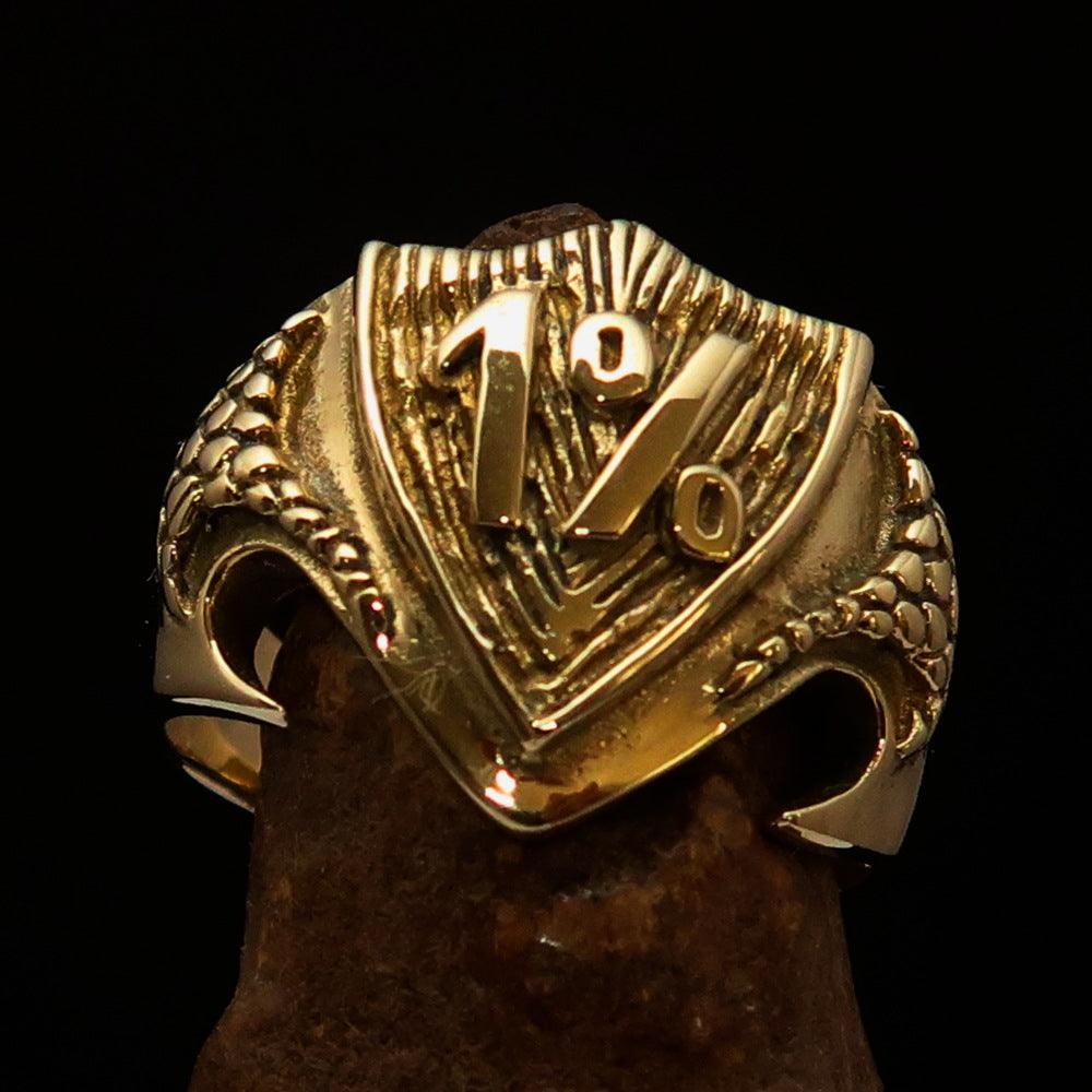 Solid Brass Men's 1% Percenter Biker Shield Ring with high polish finish, showcasing intricate biker shield design.