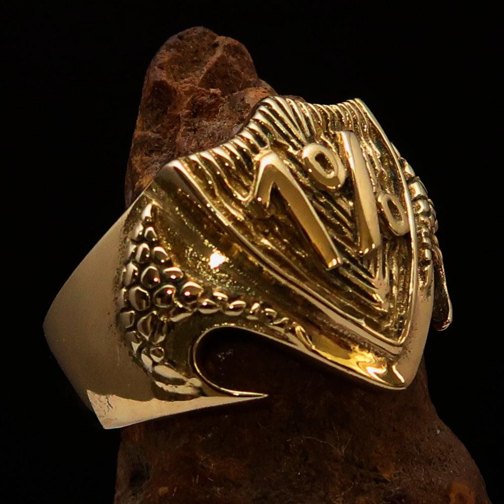 Solid Brass Men's 1% Percenter Biker Shield Ring with high polish finish, showcasing intricate biker shield design.