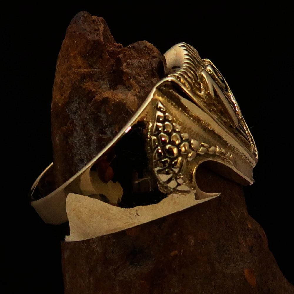 Solid Brass Men's 1% Percenter Biker Shield Ring with high polish finish, showcasing intricate biker shield design.