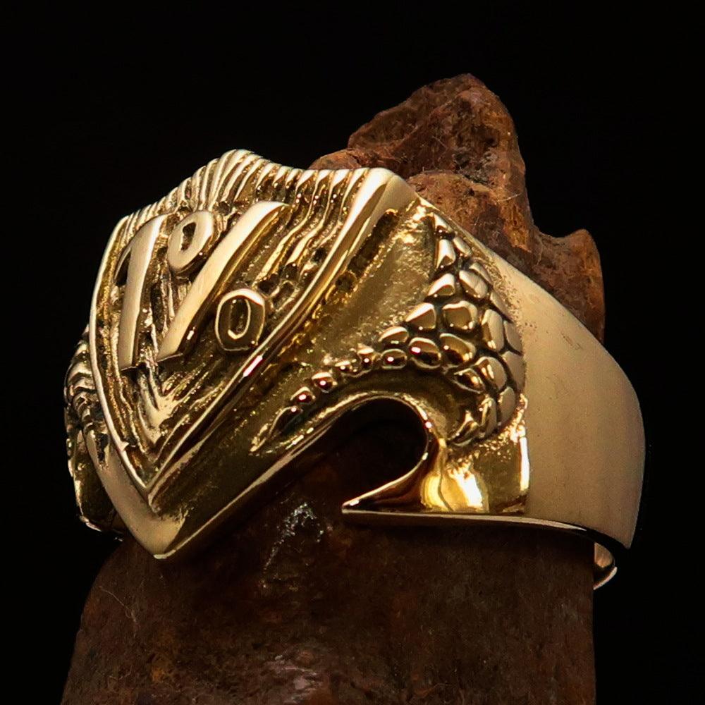 Solid Brass Men's 1% Percenter Biker Shield Ring with high polish finish, showcasing intricate biker shield design.