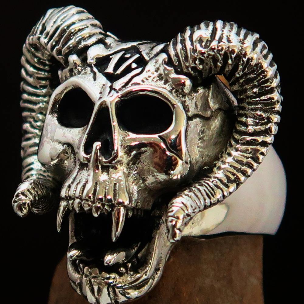 Men's 1% Ram Skull Outlaw Ring in antiqued Sterling Silver, showcasing intricate ram skull design and polished finish.