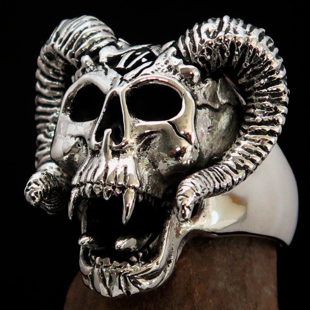 Men's 1% Ram Skull Outlaw Ring in antiqued Sterling Silver, showcasing intricate ram skull design and polished finish.