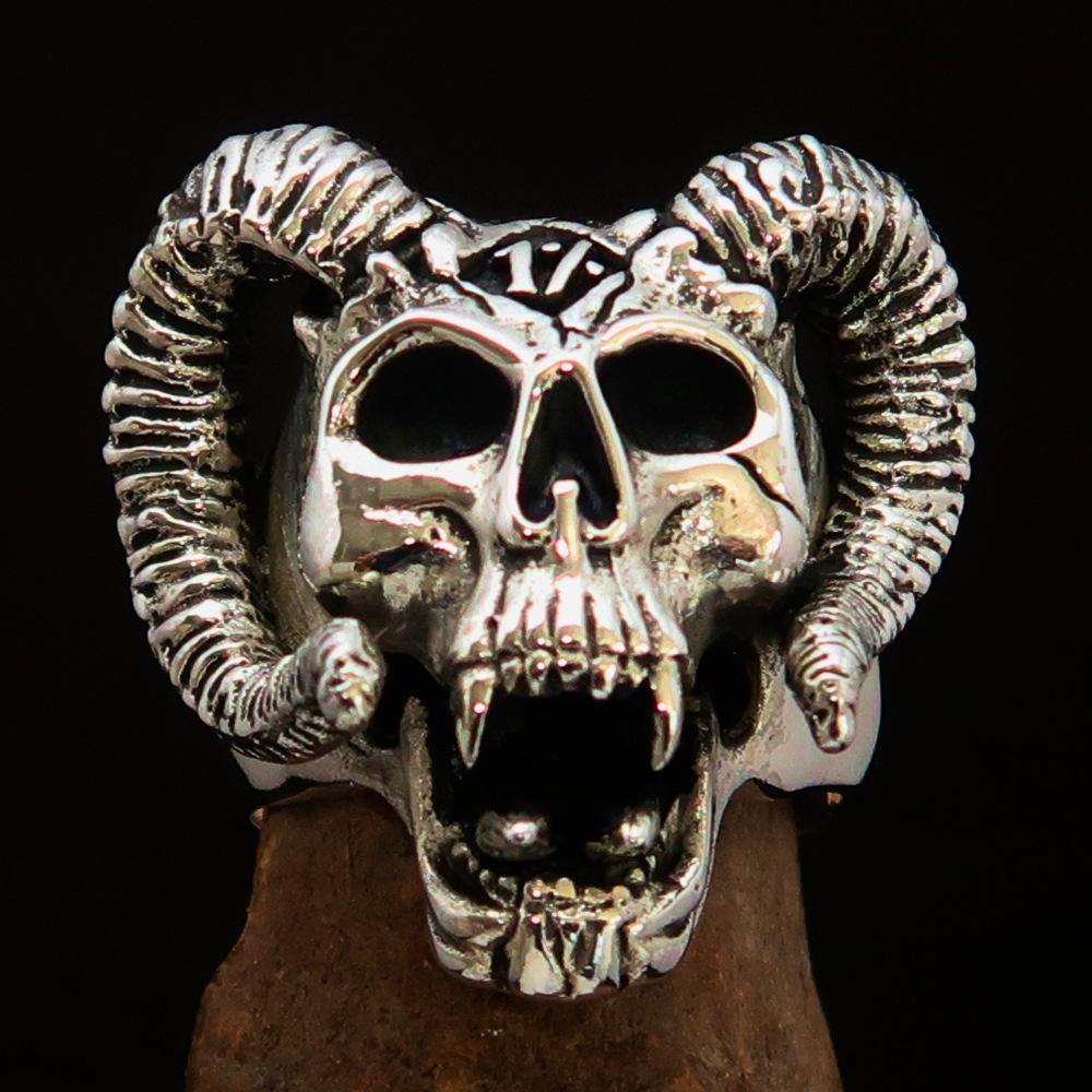 Men's 1% Ram Skull Outlaw Ring in antiqued Sterling Silver, showcasing intricate ram skull design and polished finish.