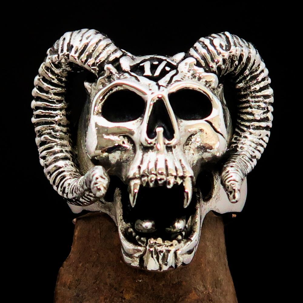 Men's 1% Ram Skull Outlaw Ring in antiqued Sterling Silver, showcasing intricate ram skull design and polished finish.