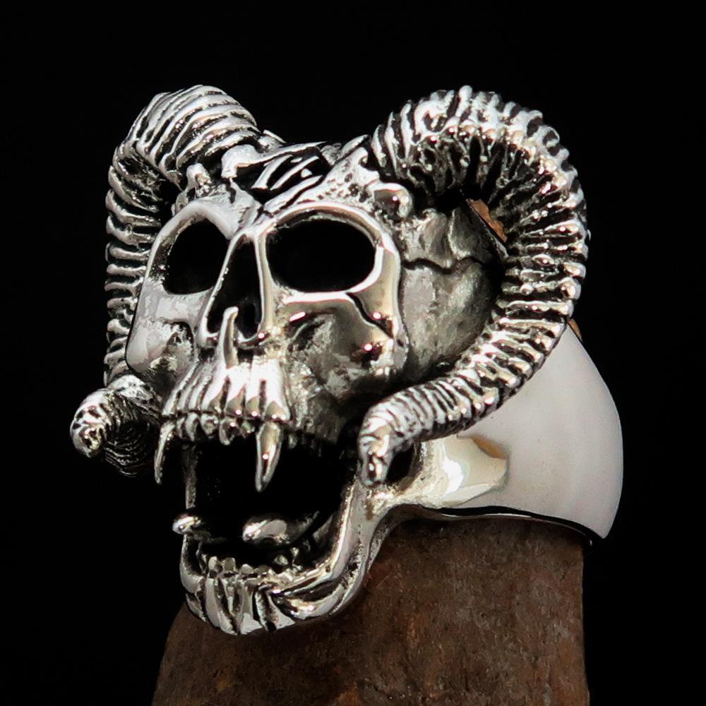 Men's 1% Ram Skull Outlaw Ring in antiqued Sterling Silver, showcasing intricate ram skull design and polished finish.