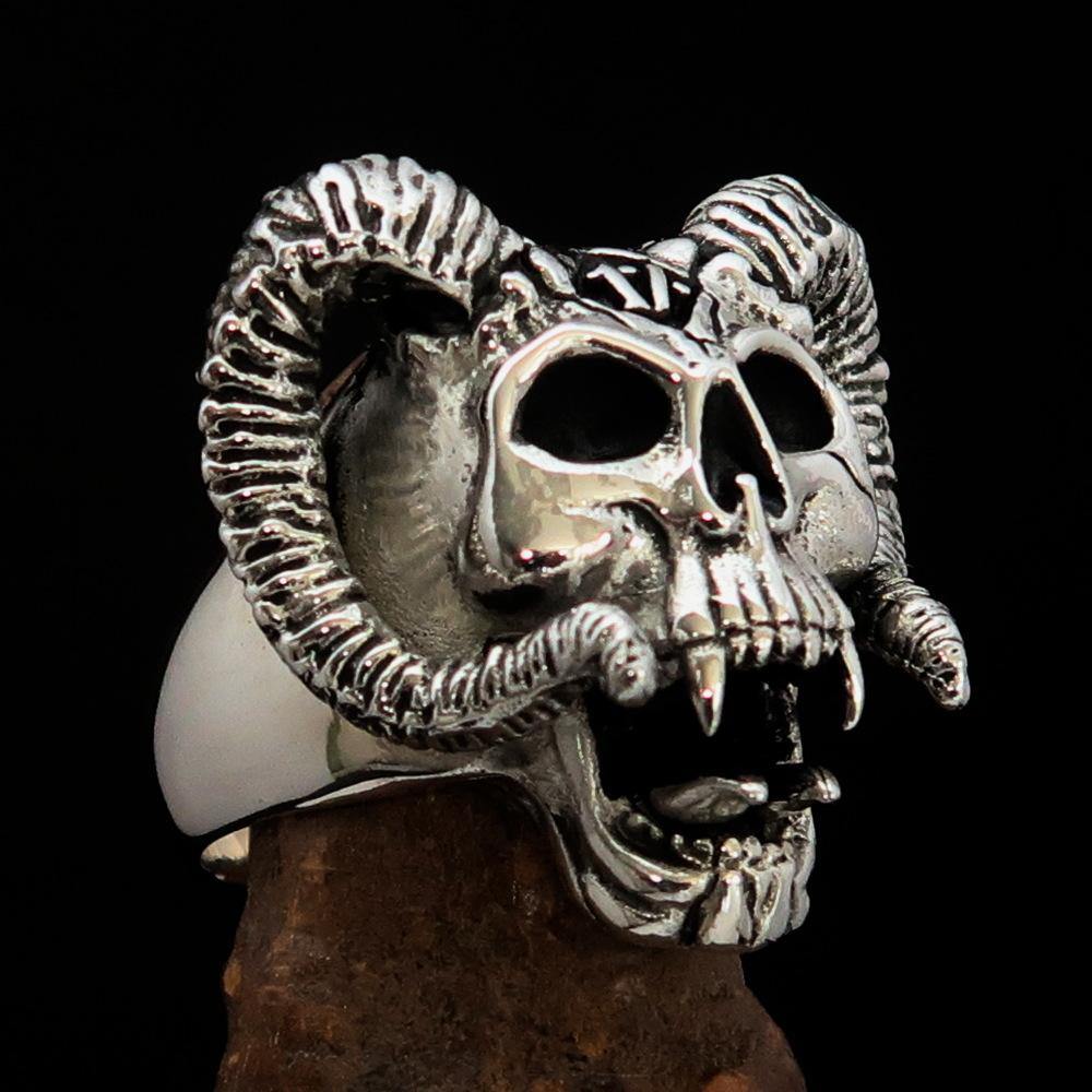 Men's 1% Ram Skull Outlaw Ring in antiqued Sterling Silver, showcasing intricate ram skull design and polished finish.