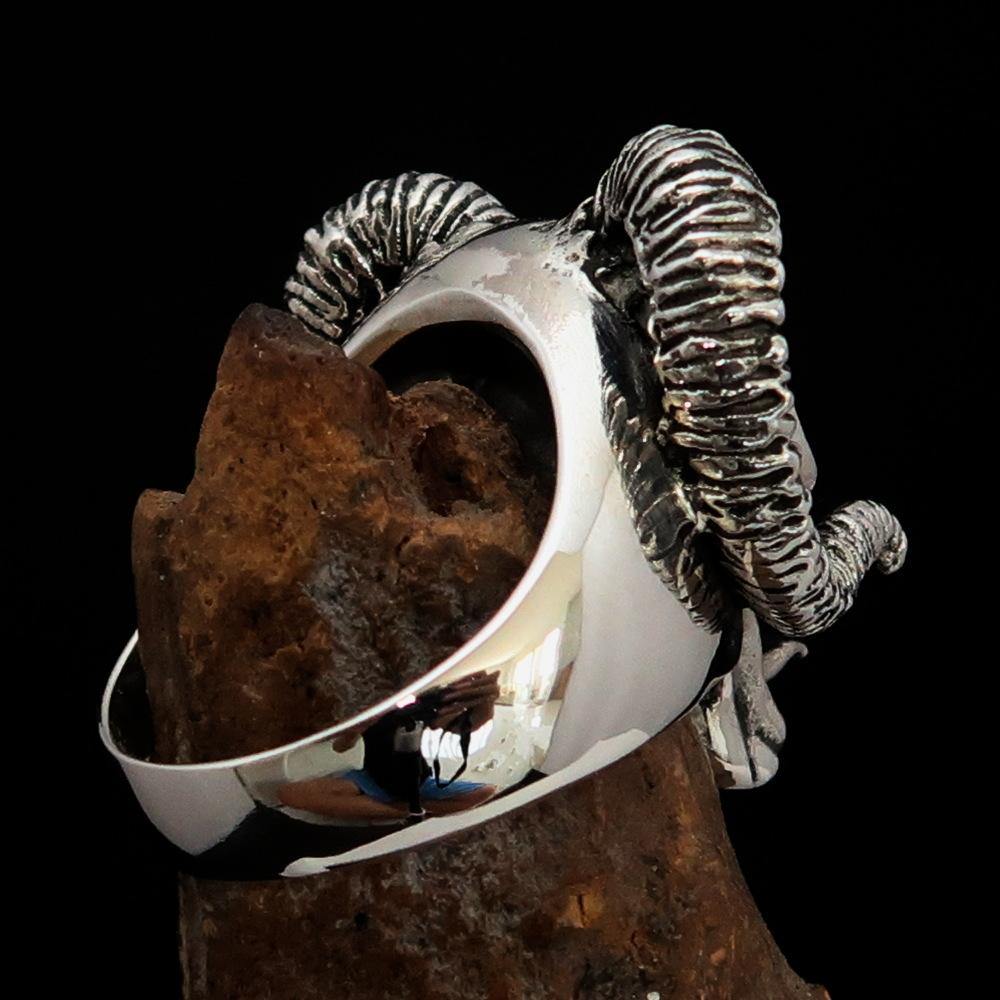 Men's 1% Ram Skull Outlaw Ring in antiqued Sterling Silver, showcasing intricate ram skull design and polished finish.