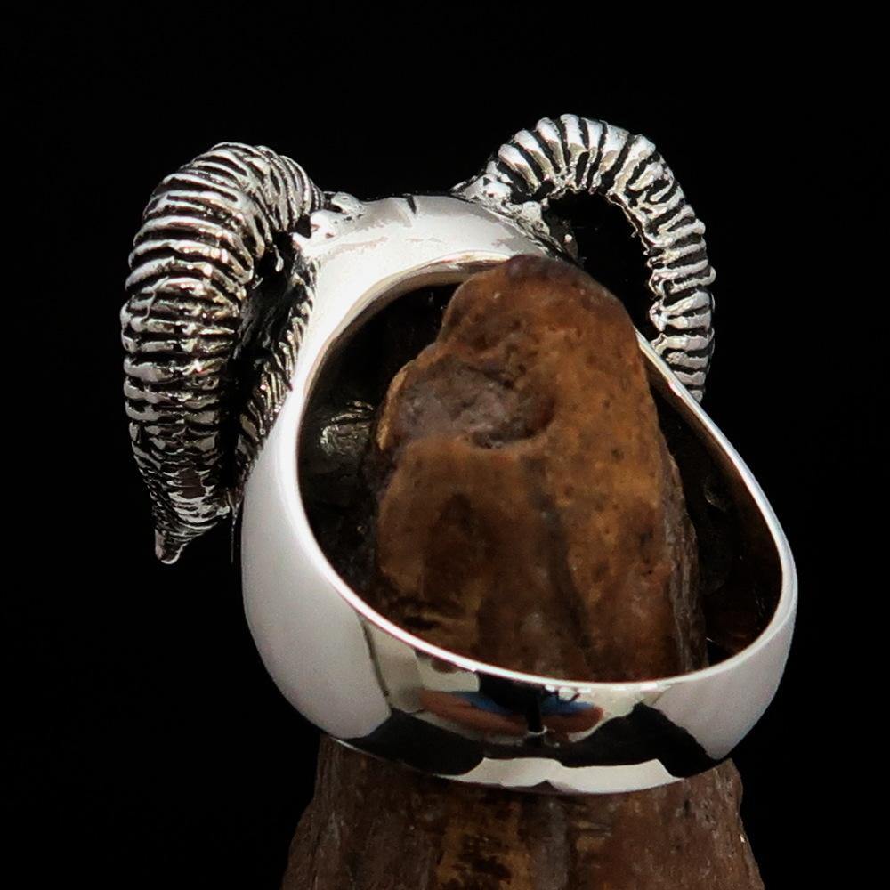 Men's 1% Ram Skull Outlaw Ring in antiqued Sterling Silver, showcasing intricate ram skull design and polished finish.