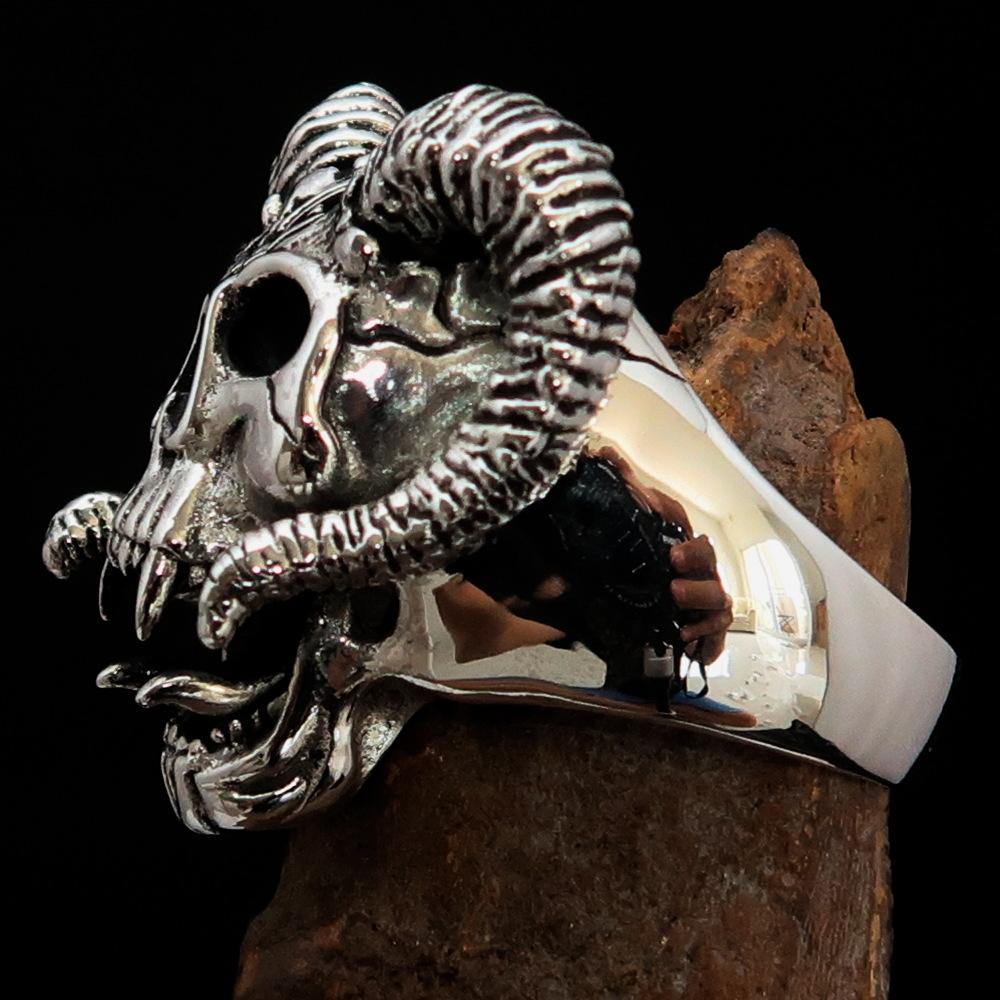 Men's 1% Ram Skull Outlaw Ring in antiqued Sterling Silver, showcasing intricate ram skull design and polished finish.