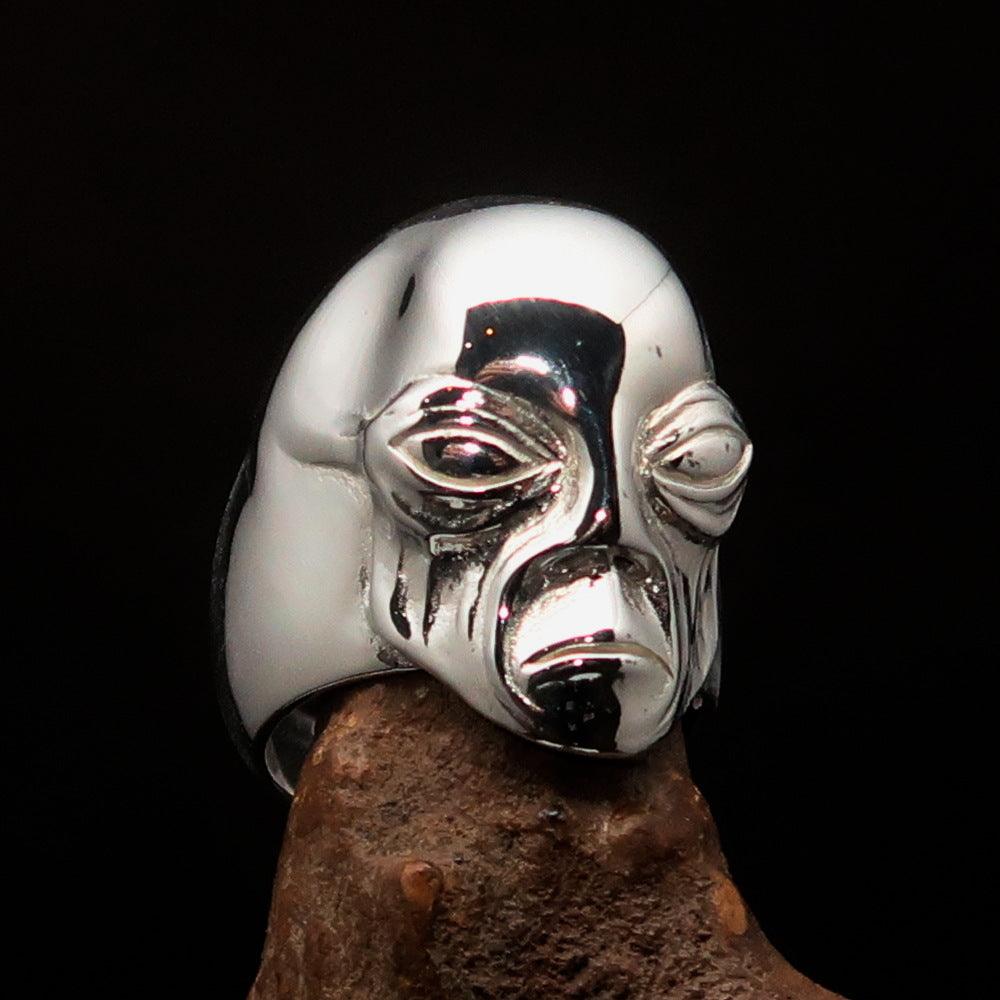 Men's Alien Visitor Ring made of sterling silver featuring an intricate extra-terrestrial face design.