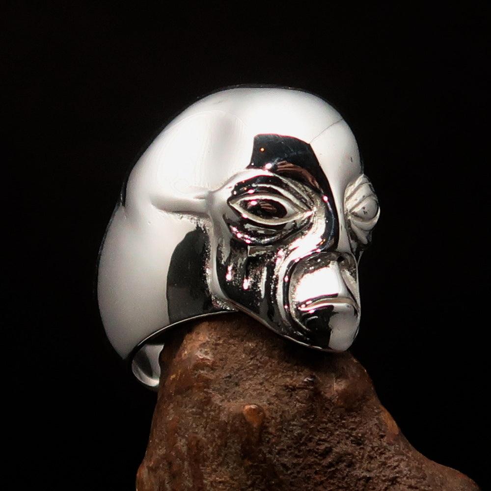 Men's Alien Visitor Ring made of sterling silver featuring an intricate extra-terrestrial face design.