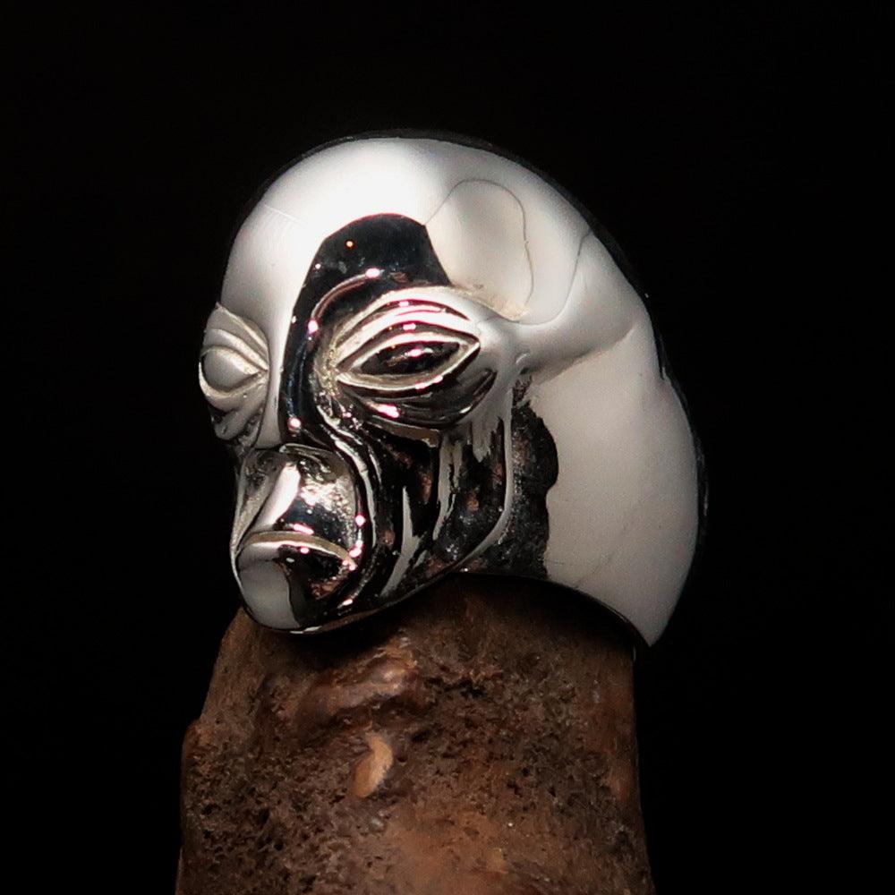 Men's Alien Visitor Ring made of sterling silver featuring an intricate extra-terrestrial face design.