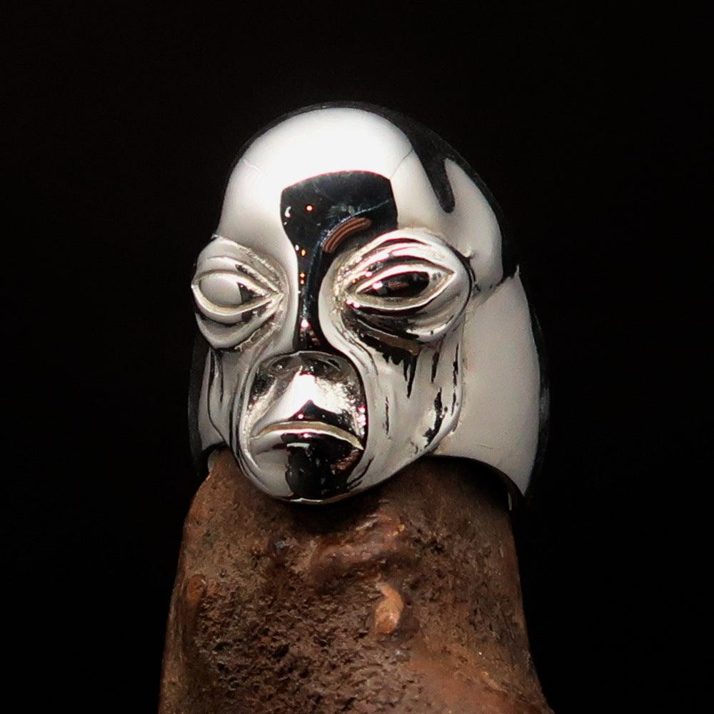 Men's Alien Visitor Ring made of sterling silver featuring an intricate extra-terrestrial face design.