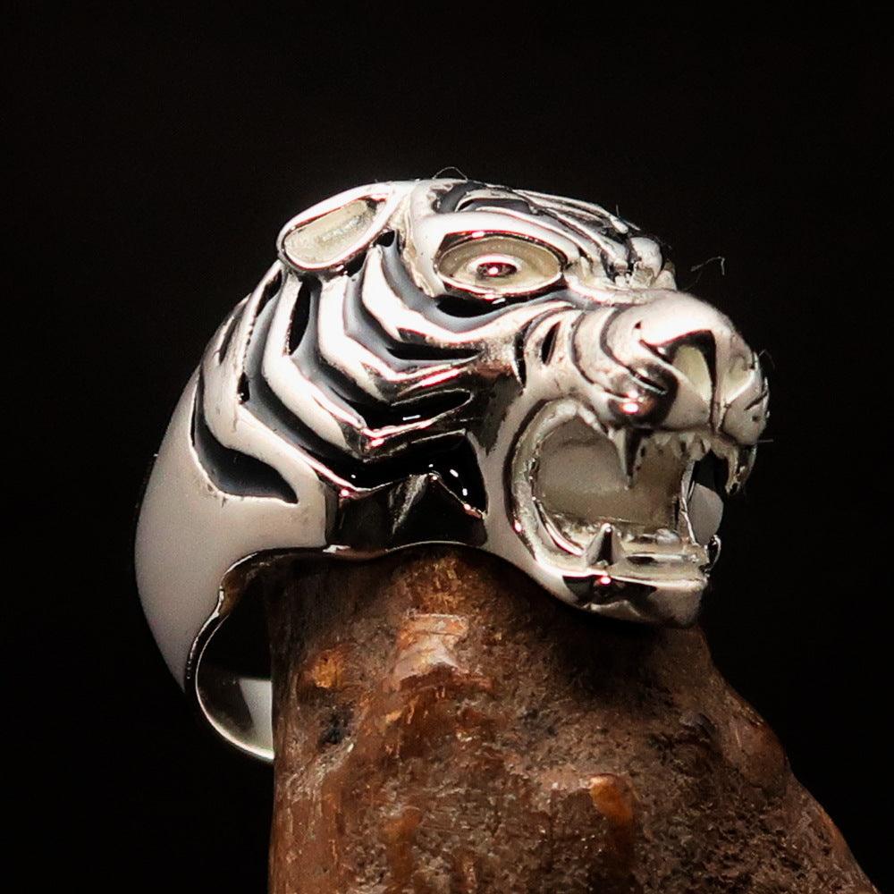 A beautifully crafted sterling silver men's ring featuring a black enamel male tiger design, showcasing intricate details and a polished finish.