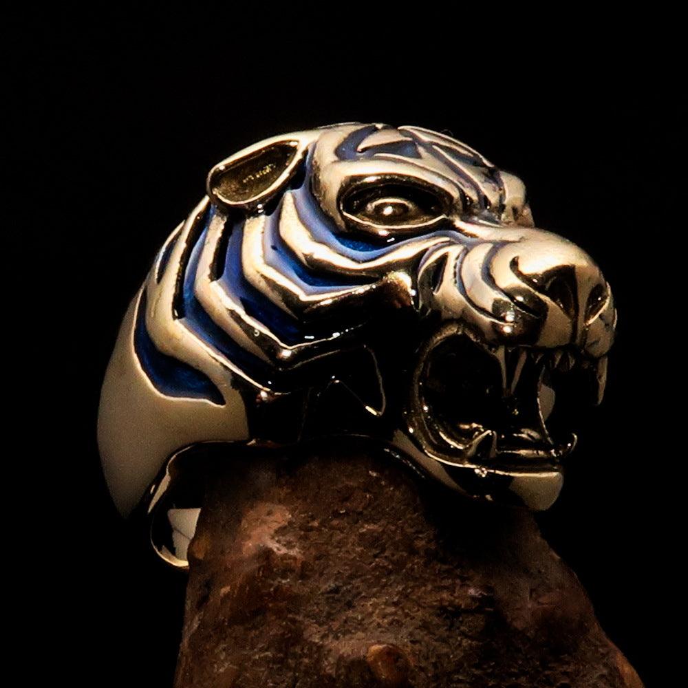 Excellent Crafted Men's Animal Ring featuring a blue Male Tiger design, made of solid brass with intricate detailing.