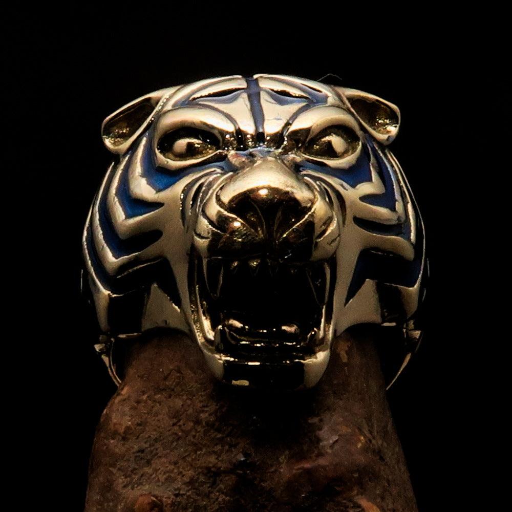 Excellent Crafted Men's Animal Ring featuring a blue Male Tiger design, made of solid brass with intricate detailing.