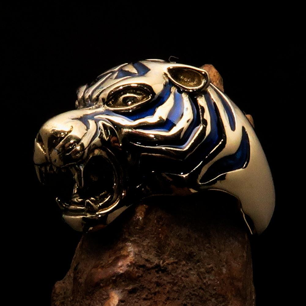 Excellent Crafted Men's Animal Ring featuring a blue Male Tiger design, made of solid brass with intricate detailing.