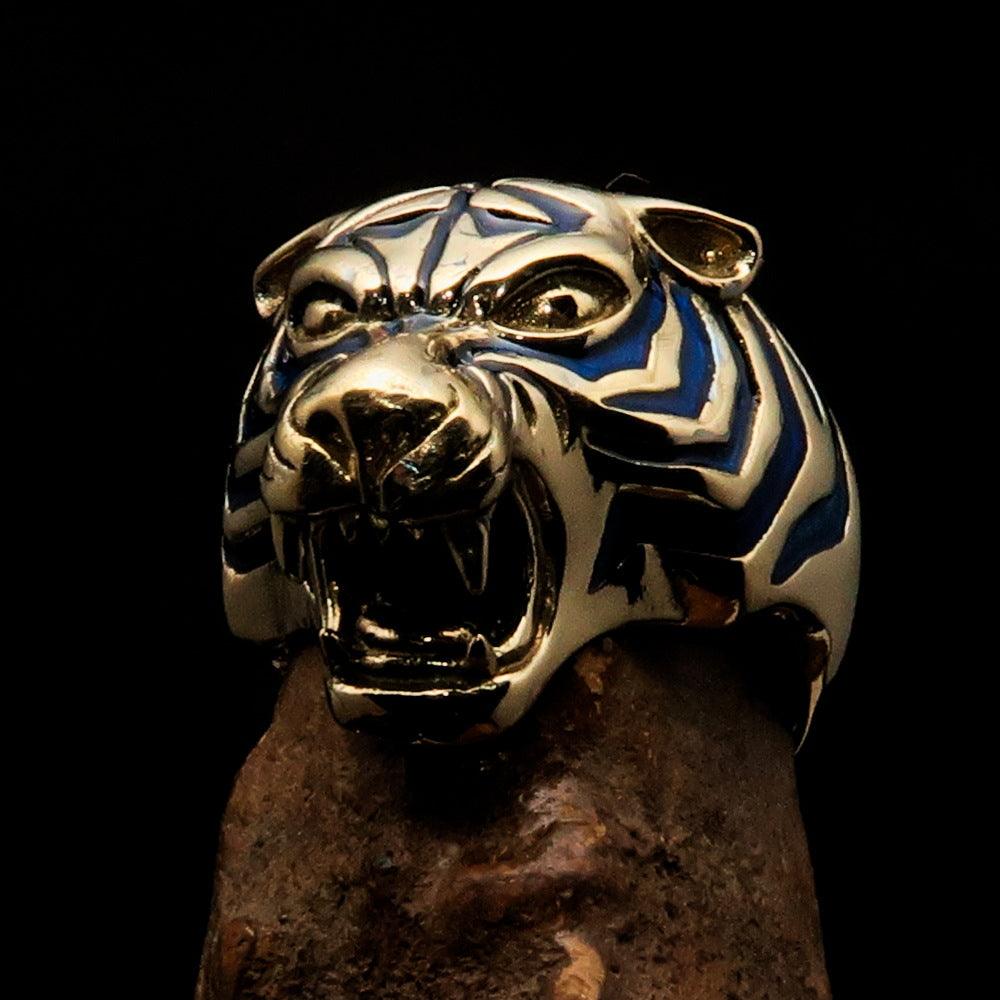 Excellent Crafted Men's Animal Ring featuring a blue Male Tiger design, made of solid brass with intricate detailing.