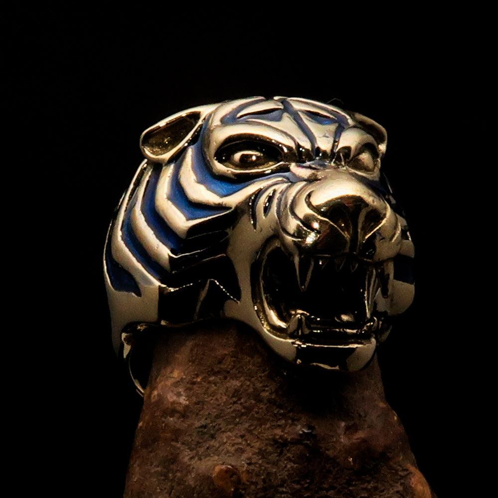 Excellent Crafted Men's Animal Ring featuring a blue Male Tiger design, made of solid brass with intricate detailing.