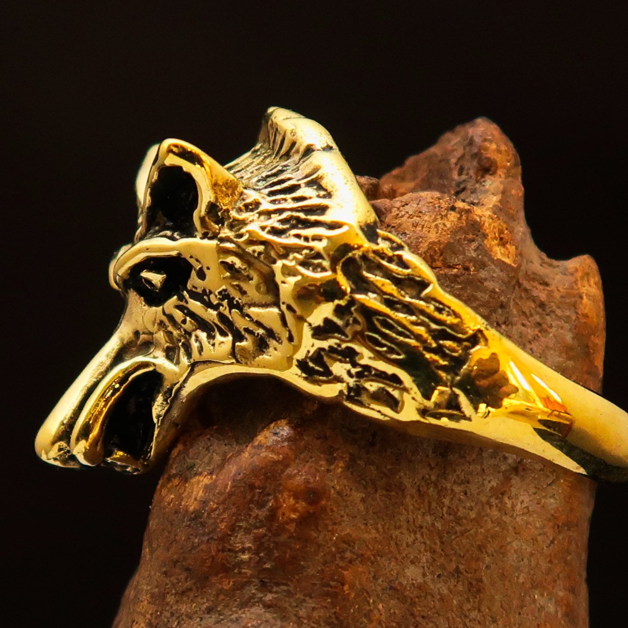 Men's Animal Ring featuring an intricately designed coyote in antiqued brass, showcasing quality craftsmanship and unique style.