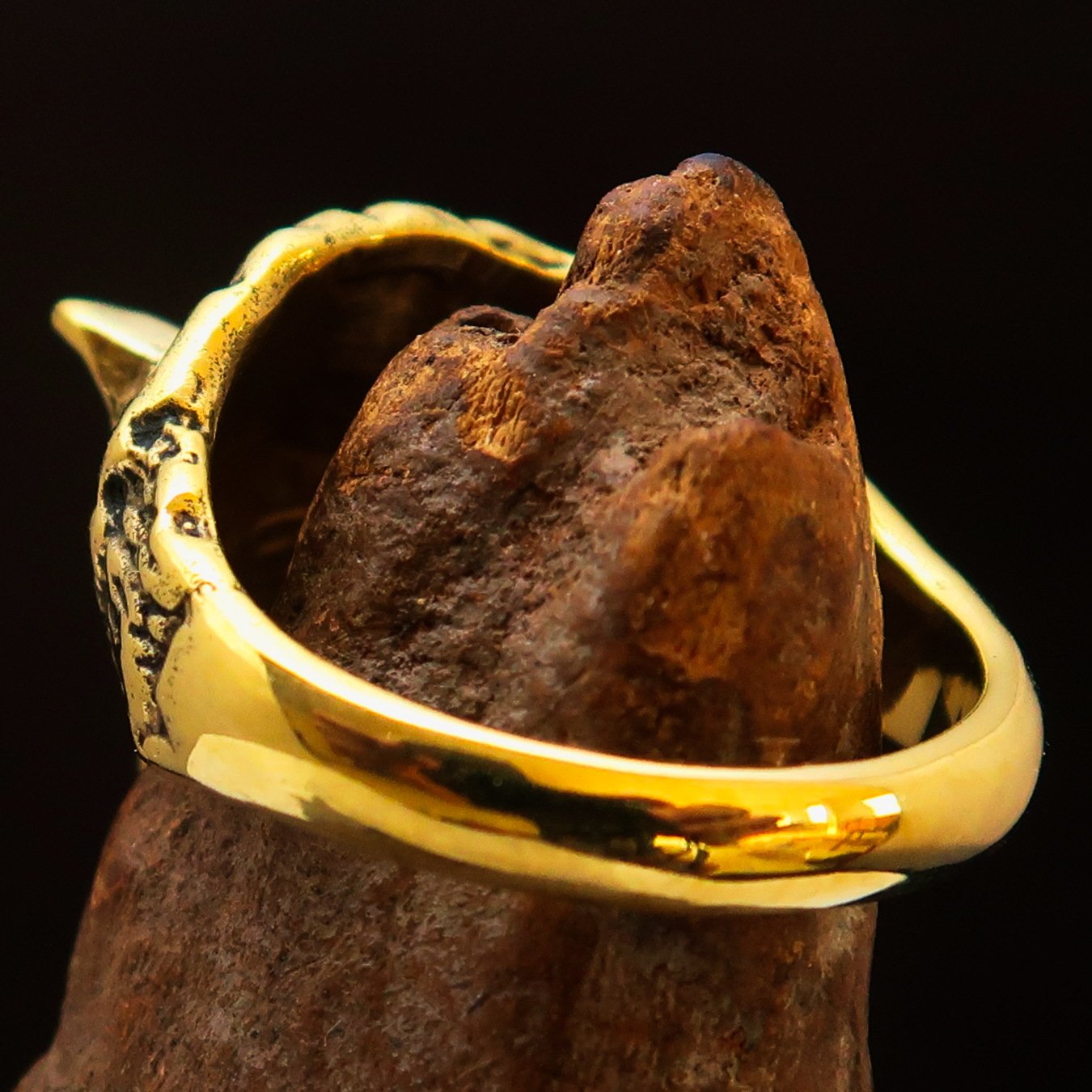 Men's Animal Ring featuring an intricately designed coyote in antiqued brass, showcasing quality craftsmanship and unique style.