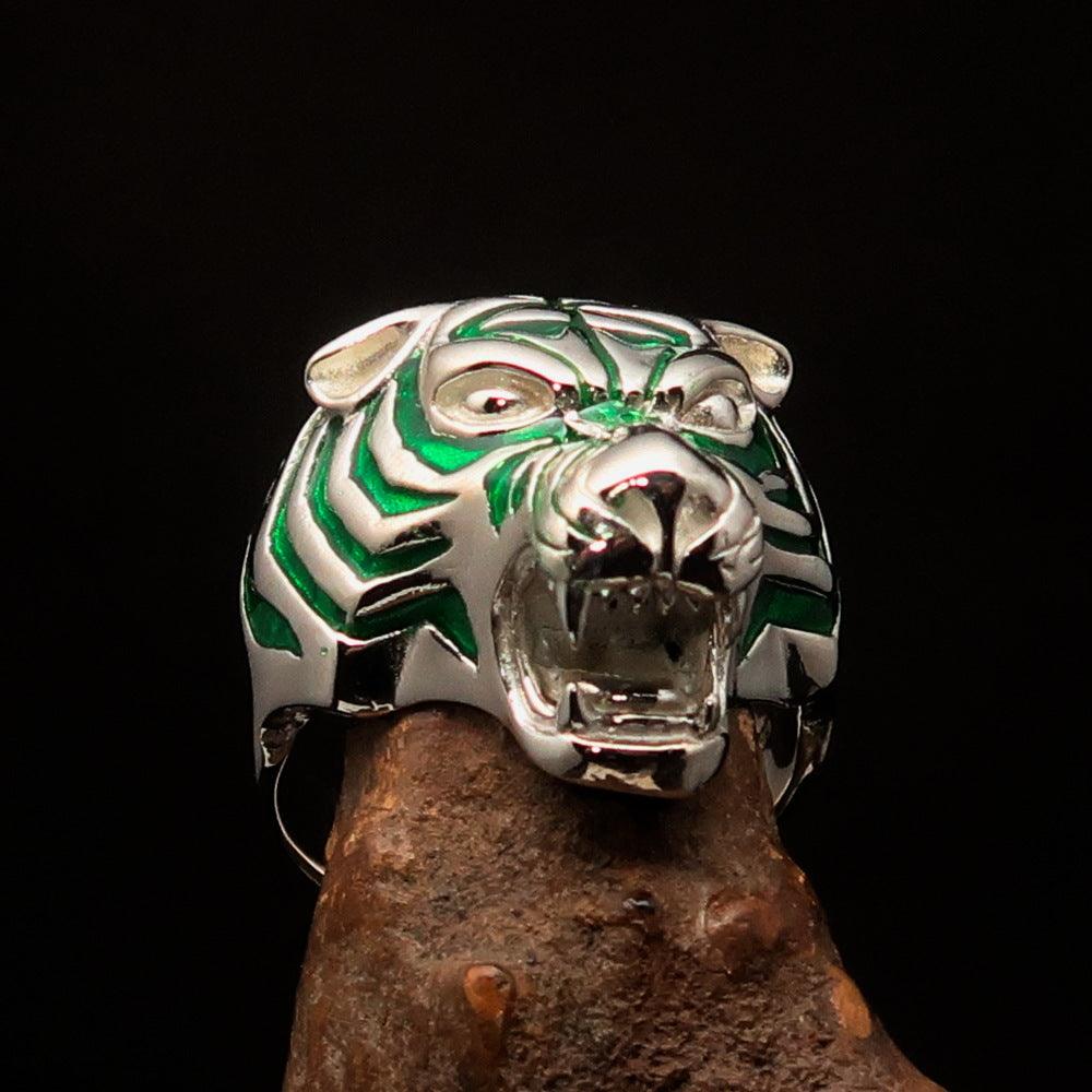 Men's Animal Ring featuring a green male Tiger design, crafted from Sterling Silver with polished details and enamel accents.