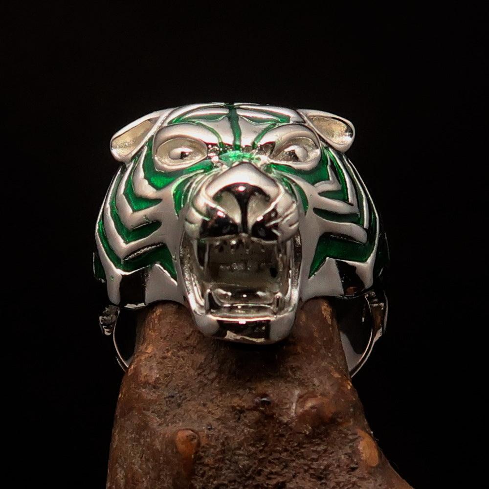 Men's Animal Ring featuring a green male Tiger design, crafted from Sterling Silver with polished details and enamel accents.