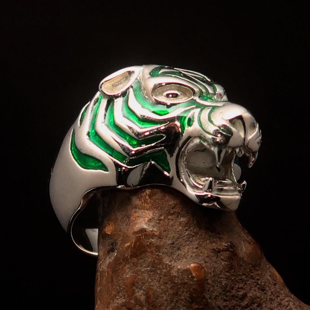 Men's Animal Ring featuring a green male Tiger design, crafted from Sterling Silver with polished details and enamel accents.