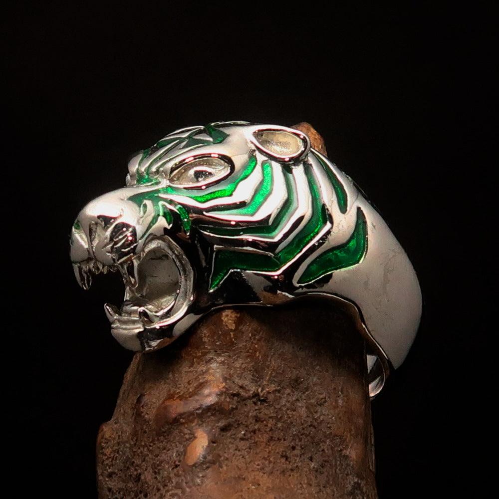 Men's Animal Ring featuring a green male Tiger design, crafted from Sterling Silver with polished details and enamel accents.