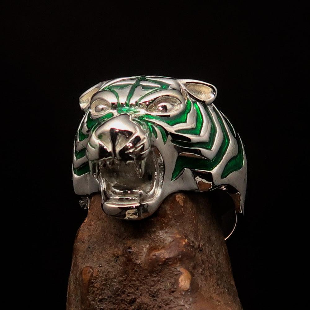 Men's Animal Ring featuring a green male Tiger design, crafted from Sterling Silver with polished details and enamel accents.