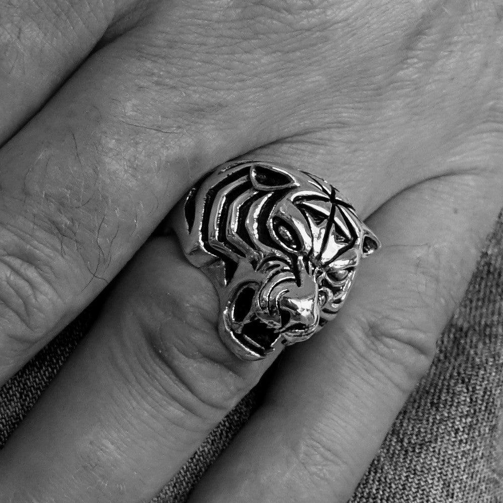 Men's Animal Ring featuring a green male Tiger design, crafted from Sterling Silver with polished details and enamel accents.