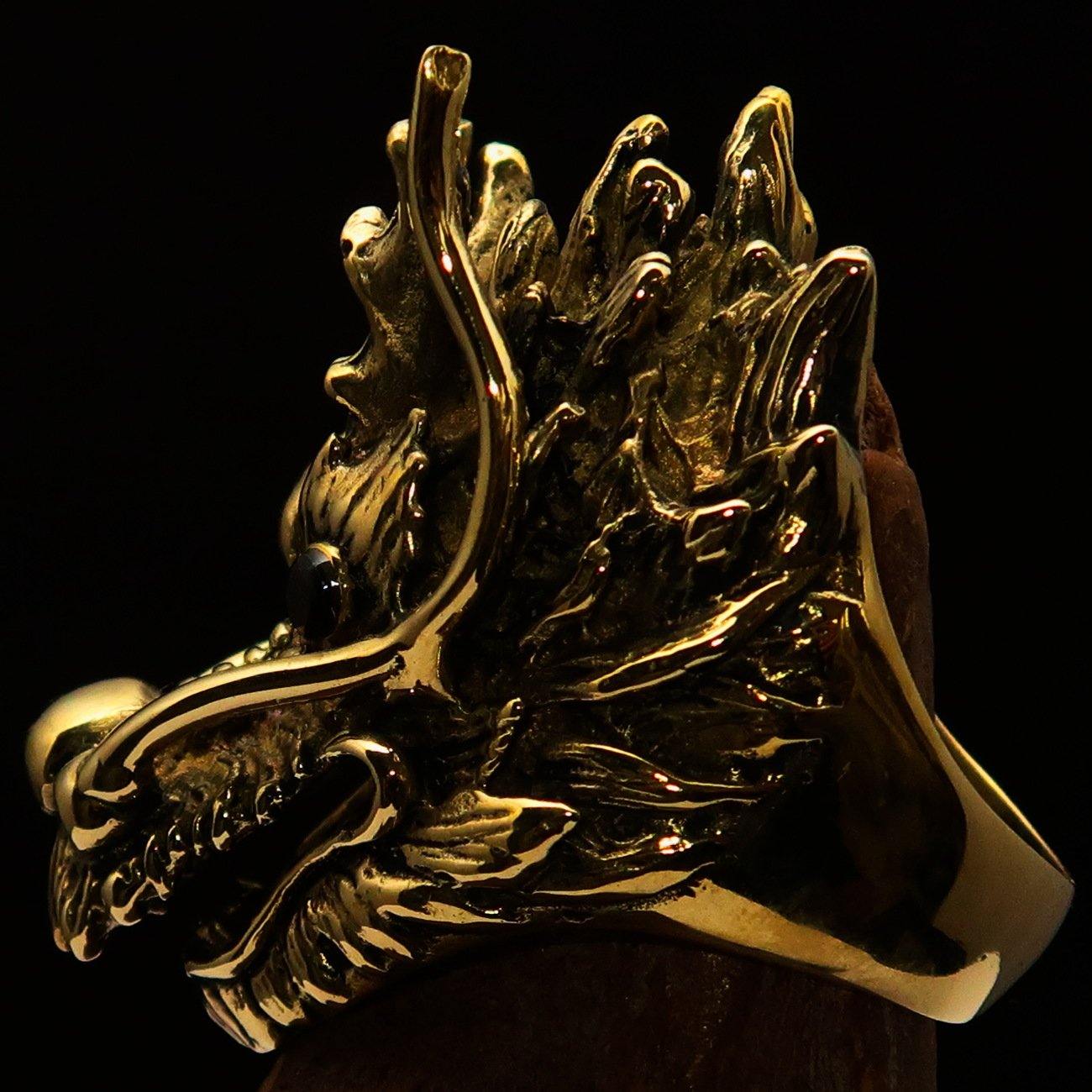 Men's Animal Ring featuring a dragon design with red garnet eyes, crafted from solid brass with a high polished and antiqued finish.