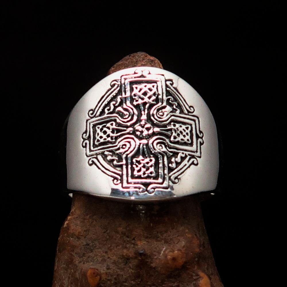 Men's antiqued Celtic Runes Cross Ring made of solid sterling silver with intricate designs and a polished finish.