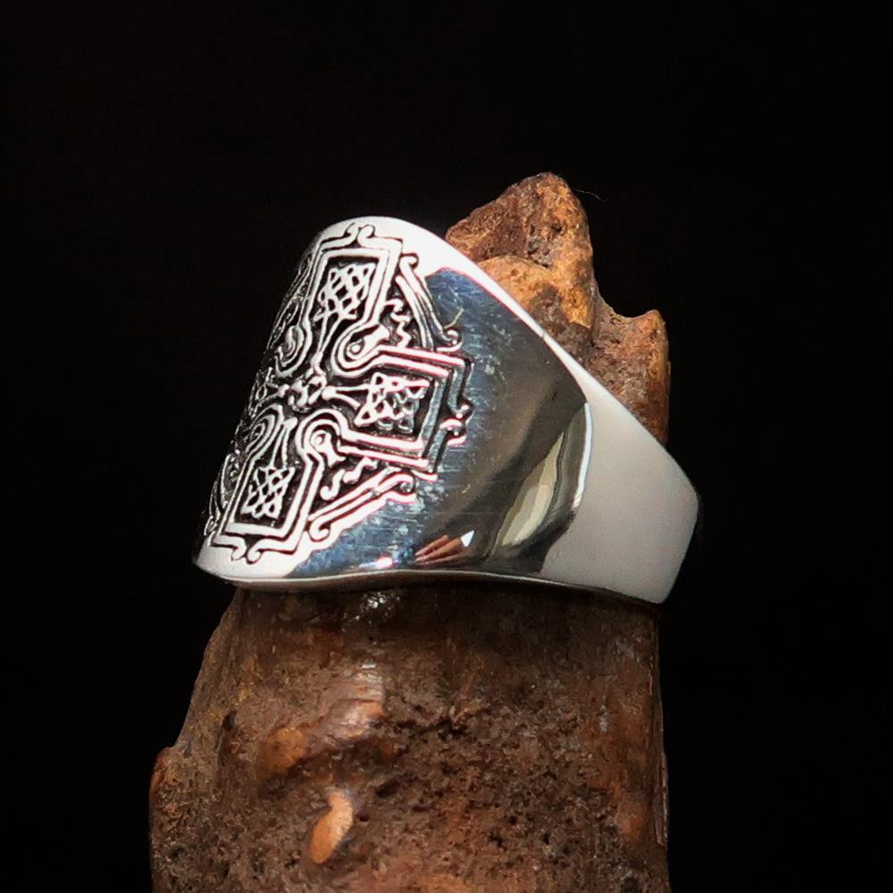 Men's antiqued Celtic Runes Cross Ring made of solid sterling silver with intricate designs and a polished finish.