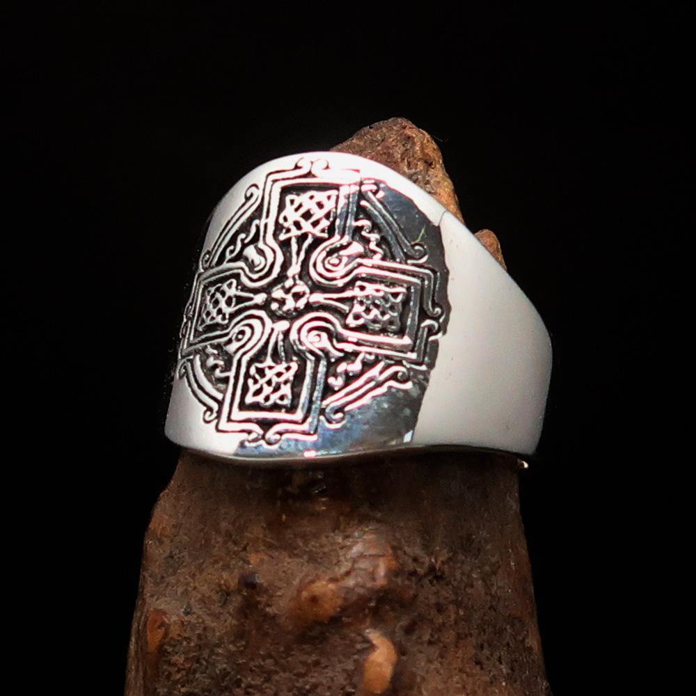 Men's antiqued Celtic Runes Cross Ring made of solid sterling silver with intricate designs and a polished finish.