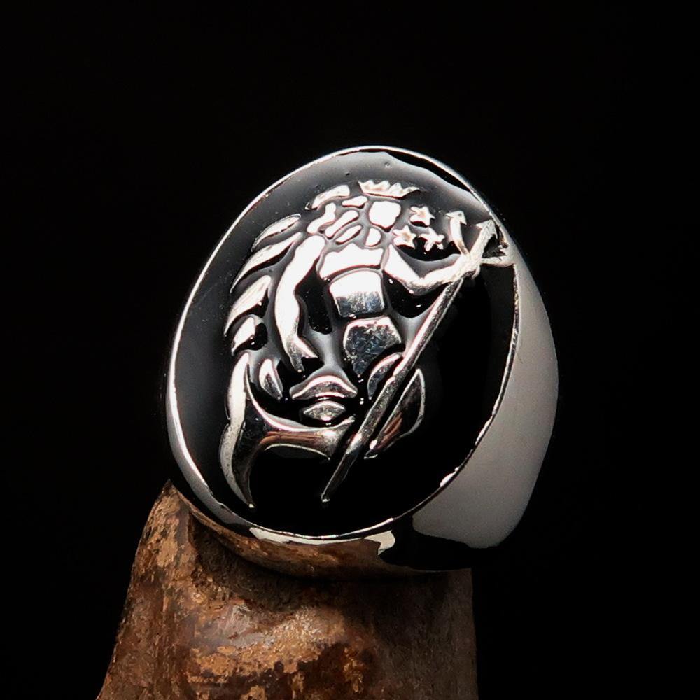 Men's Aquarius Ring in solid sterling silver with black enamel, showcasing a polished finish and astrological design.