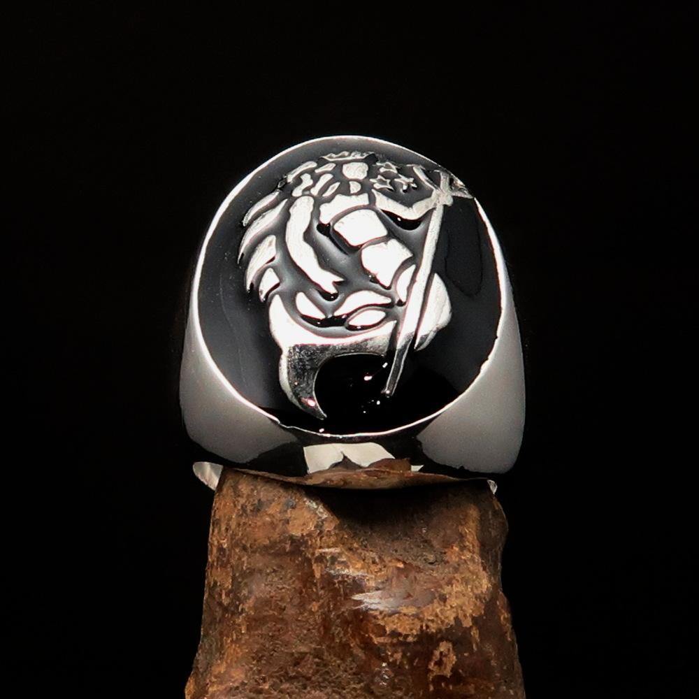 Men's Aquarius Ring in solid sterling silver with black enamel, showcasing a polished finish and astrological design.