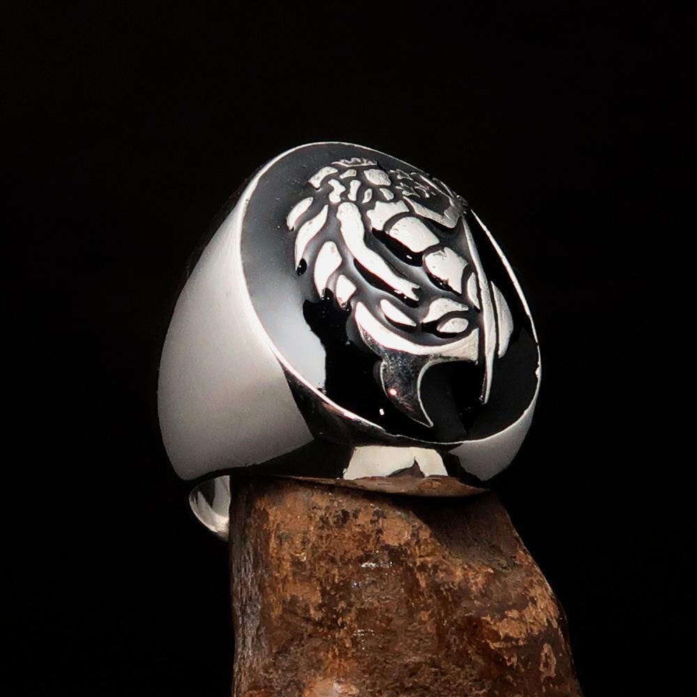 Men's Aquarius Ring in solid sterling silver with black enamel, showcasing a polished finish and astrological design.