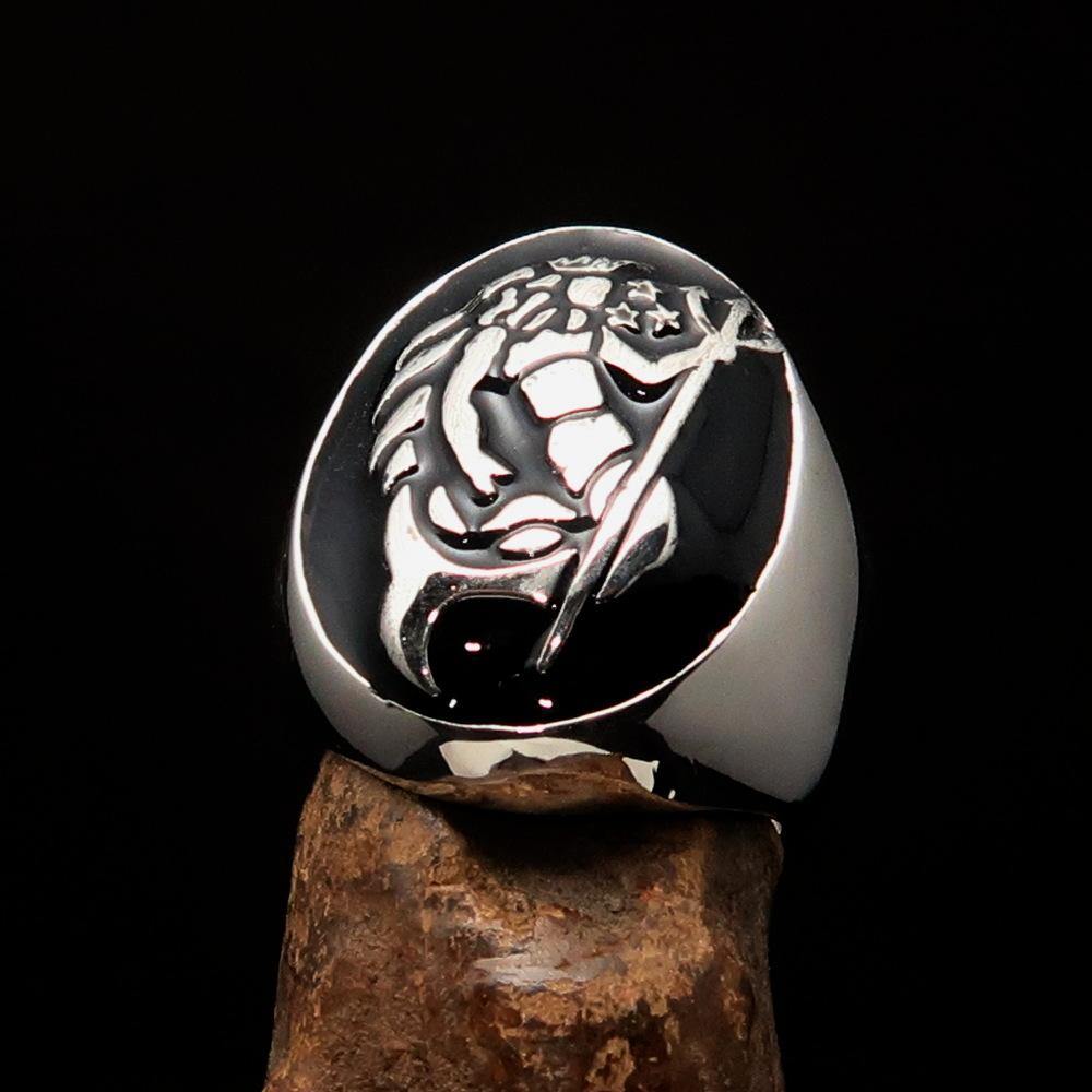 Men's Aquarius Ring in solid sterling silver with black enamel, showcasing a polished finish and astrological design.