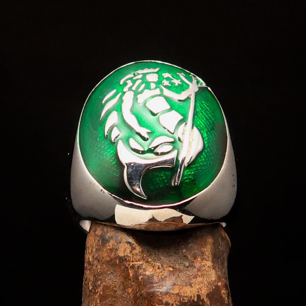 Men's Aquarius Ring in sterling silver with green enamel, showcasing a polished finish and astrological design.