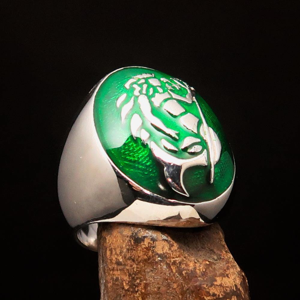 Men's Aquarius Ring in sterling silver with green enamel, showcasing a polished finish and astrological design.