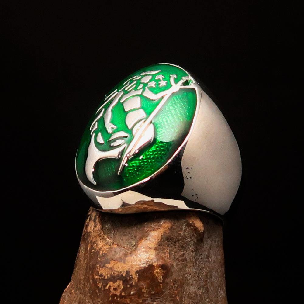 Men's Aquarius Ring in sterling silver with green enamel, showcasing a polished finish and astrological design.