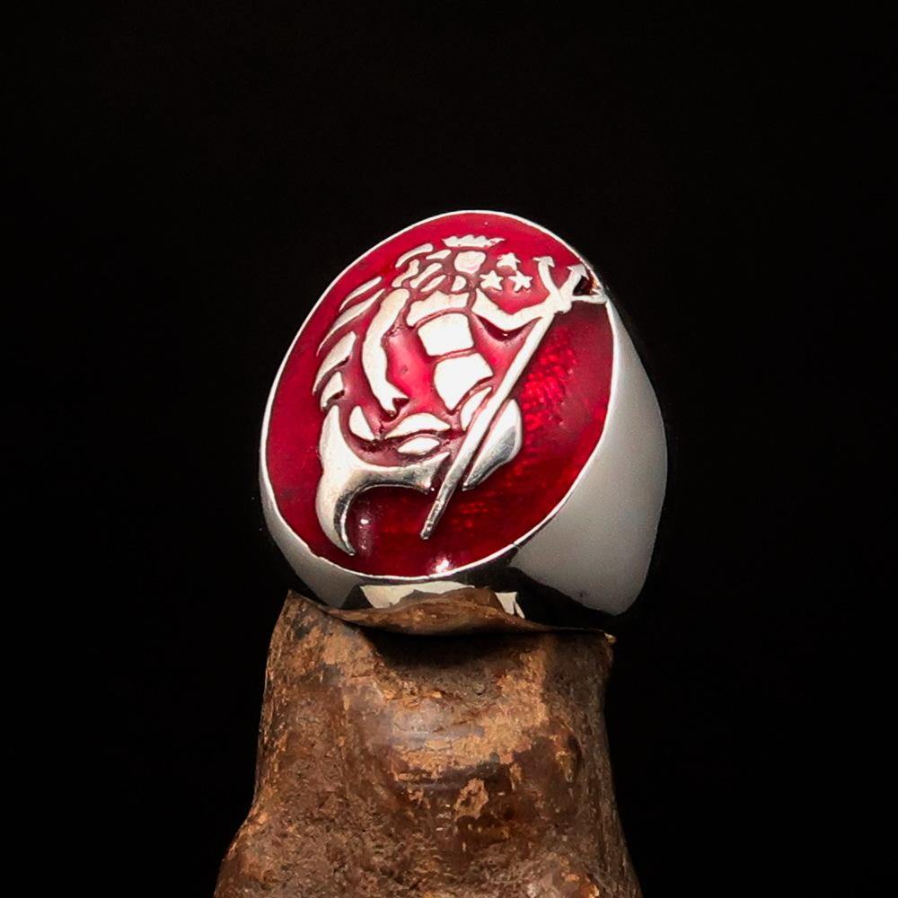 Men's Aquarius Ring in sterling silver with red Zodiac design, showcasing high polish and enamel finish.