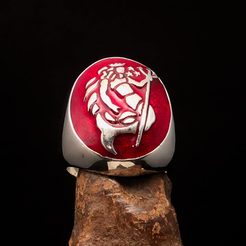 Men's Aquarius Ring in sterling silver with red Zodiac design, showcasing high polish and enamel finish.