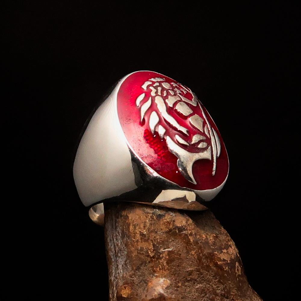 Men's Aquarius Ring in sterling silver with red Zodiac design, showcasing high polish and enamel finish.