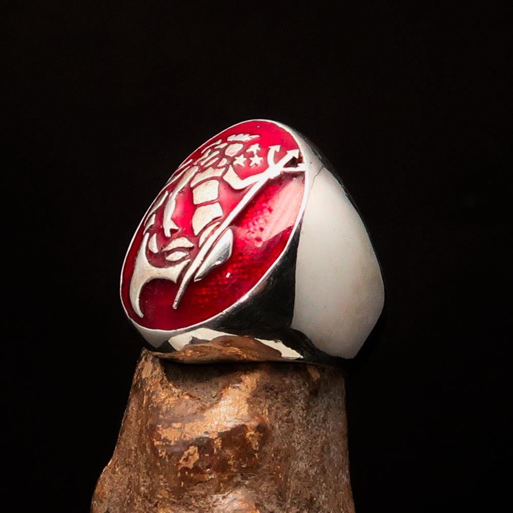 Men's Aquarius Ring in sterling silver with red Zodiac design, showcasing high polish and enamel finish.